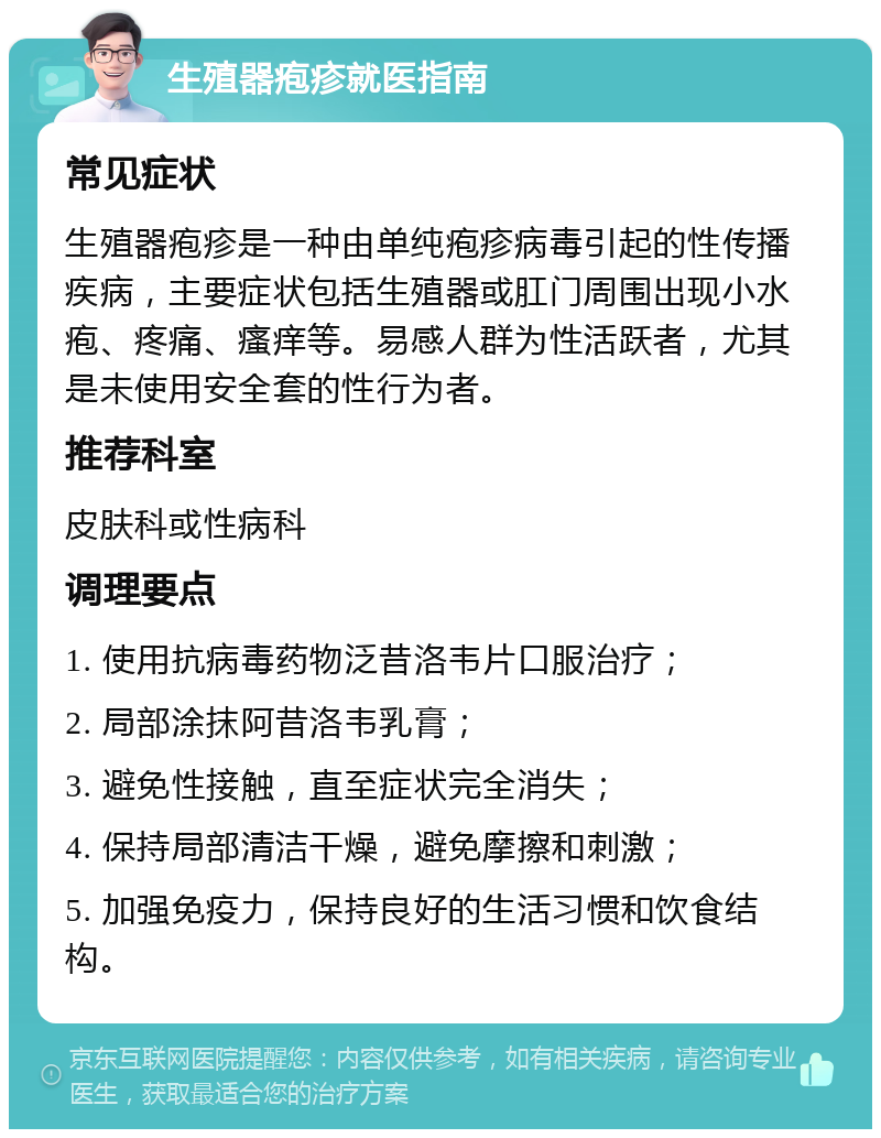 生殖器疱疹就医指南 常见症状 生殖器疱疹是一种由单纯疱疹病毒引起的性传播疾病，主要症状包括生殖器或肛门周围出现小水疱、疼痛、瘙痒等。易感人群为性活跃者，尤其是未使用安全套的性行为者。 推荐科室 皮肤科或性病科 调理要点 1. 使用抗病毒药物泛昔洛韦片口服治疗； 2. 局部涂抹阿昔洛韦乳膏； 3. 避免性接触，直至症状完全消失； 4. 保持局部清洁干燥，避免摩擦和刺激； 5. 加强免疫力，保持良好的生活习惯和饮食结构。