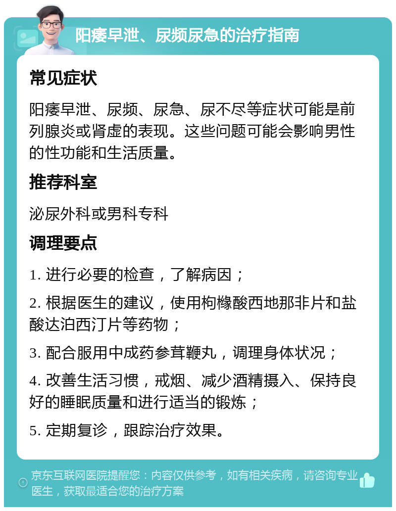 阳痿早泄、尿频尿急的治疗指南 常见症状 阳痿早泄、尿频、尿急、尿不尽等症状可能是前列腺炎或肾虚的表现。这些问题可能会影响男性的性功能和生活质量。 推荐科室 泌尿外科或男科专科 调理要点 1. 进行必要的检查，了解病因； 2. 根据医生的建议，使用枸橼酸西地那非片和盐酸达泊西汀片等药物； 3. 配合服用中成药参茸鞭丸，调理身体状况； 4. 改善生活习惯，戒烟、减少酒精摄入、保持良好的睡眠质量和进行适当的锻炼； 5. 定期复诊，跟踪治疗效果。