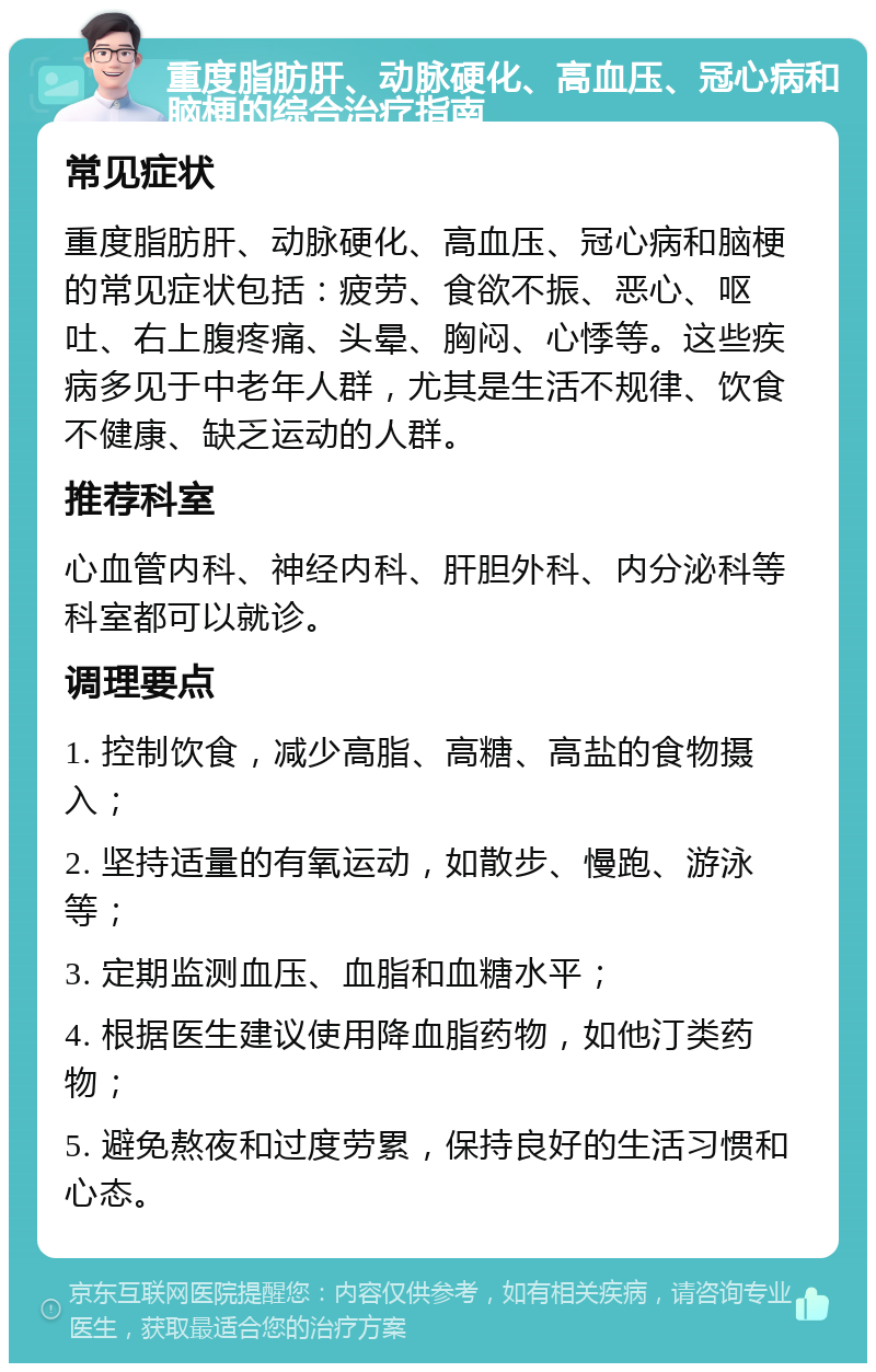 重度脂肪肝、动脉硬化、高血压、冠心病和脑梗的综合治疗指南 常见症状 重度脂肪肝、动脉硬化、高血压、冠心病和脑梗的常见症状包括：疲劳、食欲不振、恶心、呕吐、右上腹疼痛、头晕、胸闷、心悸等。这些疾病多见于中老年人群，尤其是生活不规律、饮食不健康、缺乏运动的人群。 推荐科室 心血管内科、神经内科、肝胆外科、内分泌科等科室都可以就诊。 调理要点 1. 控制饮食，减少高脂、高糖、高盐的食物摄入； 2. 坚持适量的有氧运动，如散步、慢跑、游泳等； 3. 定期监测血压、血脂和血糖水平； 4. 根据医生建议使用降血脂药物，如他汀类药物； 5. 避免熬夜和过度劳累，保持良好的生活习惯和心态。