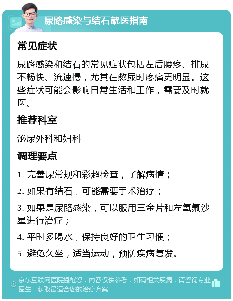 尿路感染与结石就医指南 常见症状 尿路感染和结石的常见症状包括左后腰疼、排尿不畅快、流速慢，尤其在憋尿时疼痛更明显。这些症状可能会影响日常生活和工作，需要及时就医。 推荐科室 泌尿外科和妇科 调理要点 1. 完善尿常规和彩超检查，了解病情； 2. 如果有结石，可能需要手术治疗； 3. 如果是尿路感染，可以服用三金片和左氧氟沙星进行治疗； 4. 平时多喝水，保持良好的卫生习惯； 5. 避免久坐，适当运动，预防疾病复发。