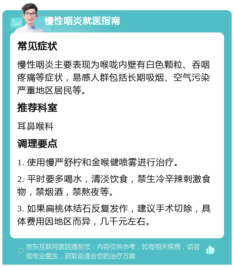 慢性咽炎就医指南 常见症状 慢性咽炎主要表现为喉咙内壁有白色颗粒、吞咽疼痛等症状，易感人群包括长期吸烟、空气污染严重地区居民等。 推荐科室 耳鼻喉科 调理要点 1. 使用慢严舒柠和金喉健喷雾进行治疗。 2. 平时要多喝水，清淡饮食，禁生冷辛辣刺激食物，禁烟酒，禁熬夜等。 3. 如果扁桃体结石反复发作，建议手术切除，具体费用因地区而异，几千元左右。