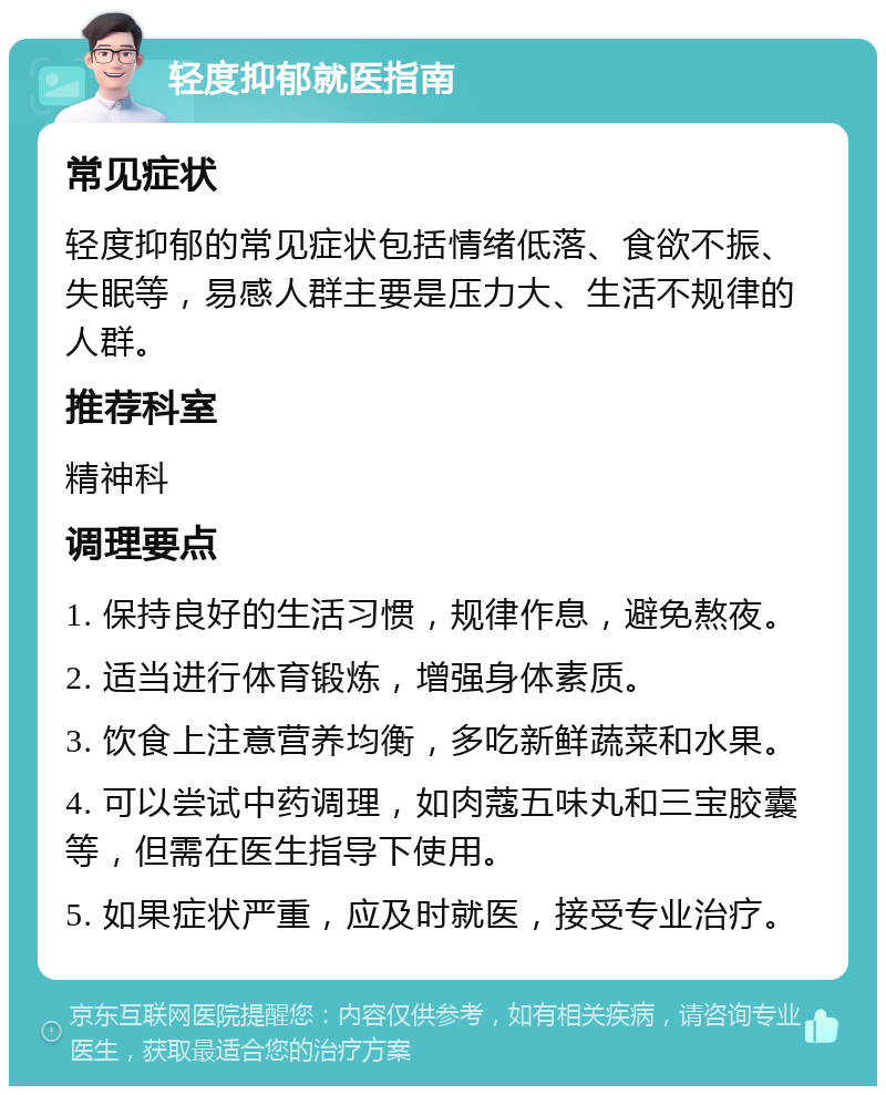 轻度抑郁就医指南 常见症状 轻度抑郁的常见症状包括情绪低落、食欲不振、失眠等，易感人群主要是压力大、生活不规律的人群。 推荐科室 精神科 调理要点 1. 保持良好的生活习惯，规律作息，避免熬夜。 2. 适当进行体育锻炼，增强身体素质。 3. 饮食上注意营养均衡，多吃新鲜蔬菜和水果。 4. 可以尝试中药调理，如肉蔻五味丸和三宝胶囊等，但需在医生指导下使用。 5. 如果症状严重，应及时就医，接受专业治疗。