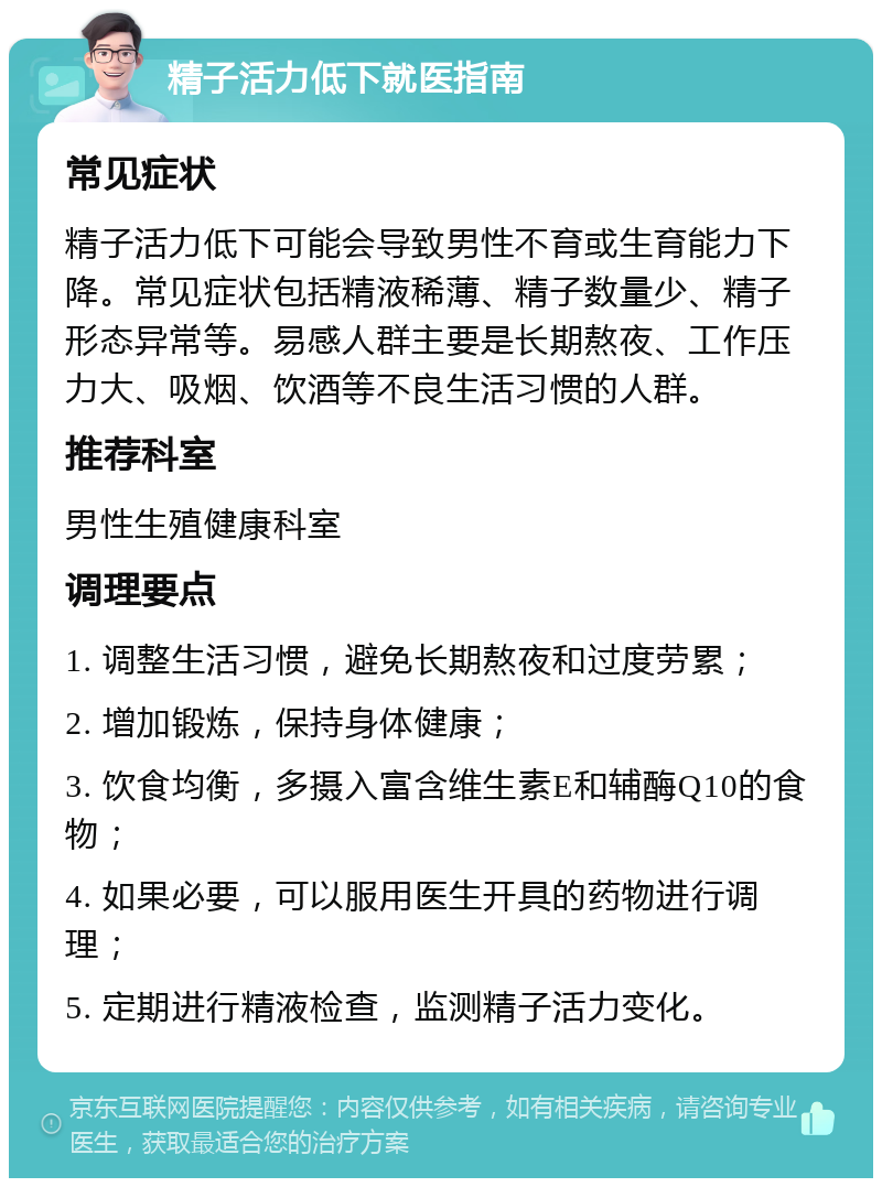 精子活力低下就医指南 常见症状 精子活力低下可能会导致男性不育或生育能力下降。常见症状包括精液稀薄、精子数量少、精子形态异常等。易感人群主要是长期熬夜、工作压力大、吸烟、饮酒等不良生活习惯的人群。 推荐科室 男性生殖健康科室 调理要点 1. 调整生活习惯，避免长期熬夜和过度劳累； 2. 增加锻炼，保持身体健康； 3. 饮食均衡，多摄入富含维生素E和辅酶Q10的食物； 4. 如果必要，可以服用医生开具的药物进行调理； 5. 定期进行精液检查，监测精子活力变化。