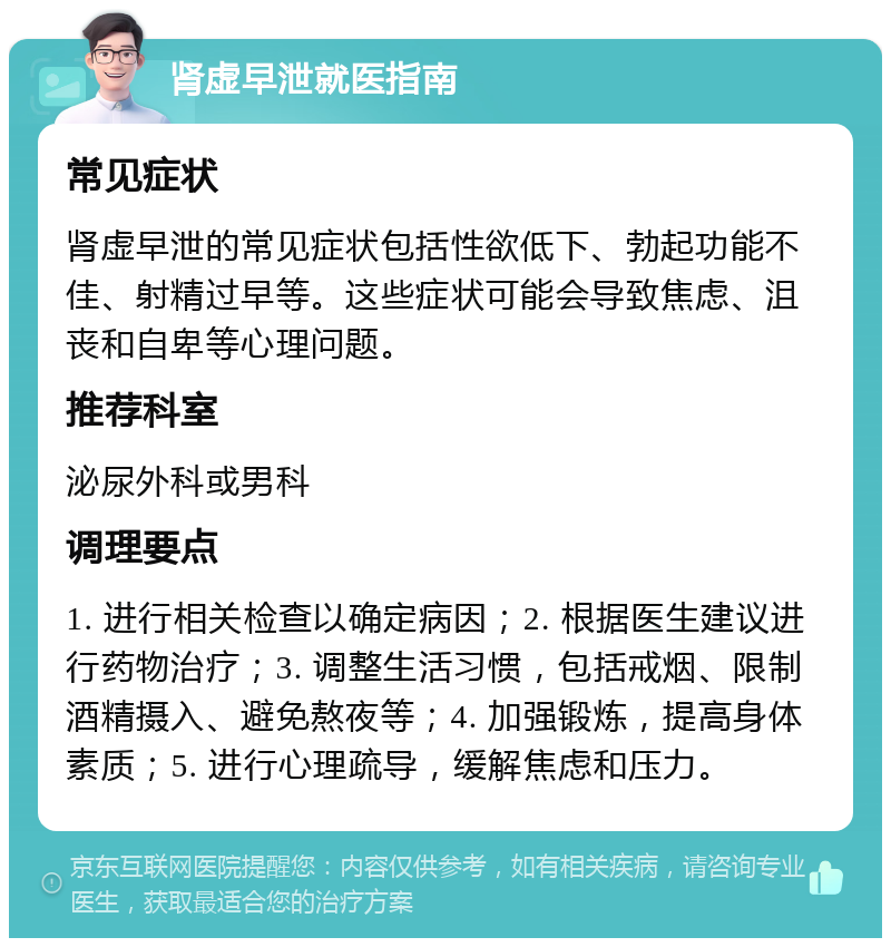 肾虚早泄就医指南 常见症状 肾虚早泄的常见症状包括性欲低下、勃起功能不佳、射精过早等。这些症状可能会导致焦虑、沮丧和自卑等心理问题。 推荐科室 泌尿外科或男科 调理要点 1. 进行相关检查以确定病因；2. 根据医生建议进行药物治疗；3. 调整生活习惯，包括戒烟、限制酒精摄入、避免熬夜等；4. 加强锻炼，提高身体素质；5. 进行心理疏导，缓解焦虑和压力。