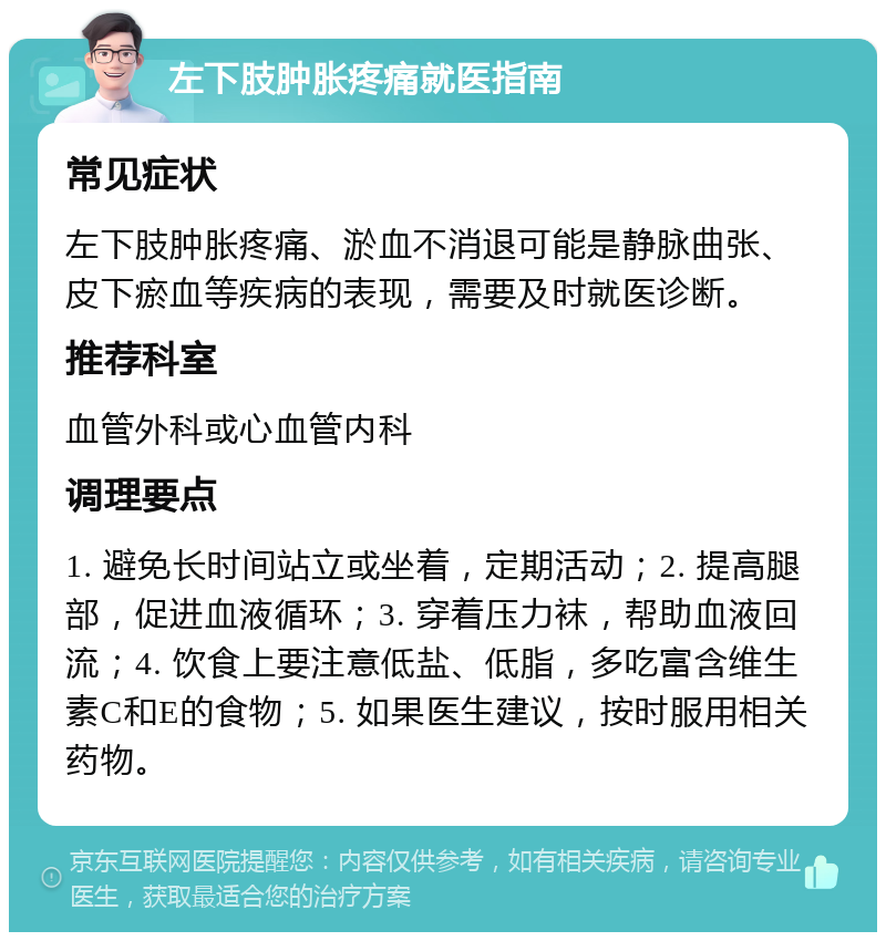 左下肢肿胀疼痛就医指南 常见症状 左下肢肿胀疼痛、淤血不消退可能是静脉曲张、皮下瘀血等疾病的表现，需要及时就医诊断。 推荐科室 血管外科或心血管内科 调理要点 1. 避免长时间站立或坐着，定期活动；2. 提高腿部，促进血液循环；3. 穿着压力袜，帮助血液回流；4. 饮食上要注意低盐、低脂，多吃富含维生素C和E的食物；5. 如果医生建议，按时服用相关药物。