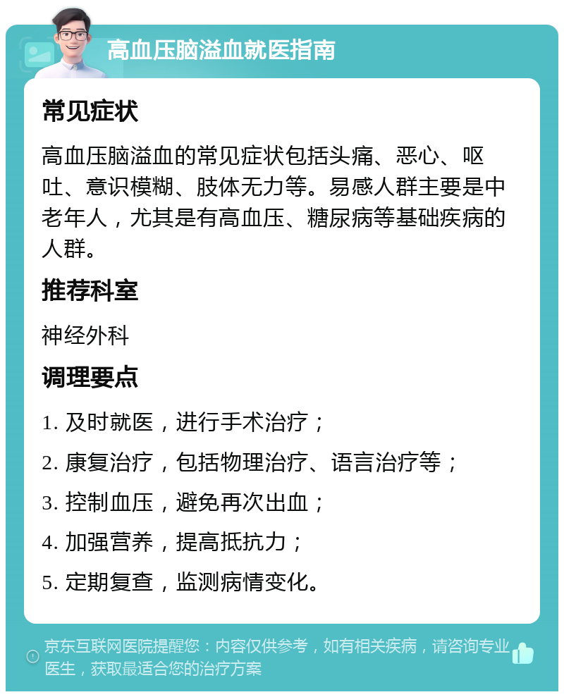 高血压脑溢血就医指南 常见症状 高血压脑溢血的常见症状包括头痛、恶心、呕吐、意识模糊、肢体无力等。易感人群主要是中老年人，尤其是有高血压、糖尿病等基础疾病的人群。 推荐科室 神经外科 调理要点 1. 及时就医，进行手术治疗； 2. 康复治疗，包括物理治疗、语言治疗等； 3. 控制血压，避免再次出血； 4. 加强营养，提高抵抗力； 5. 定期复查，监测病情变化。