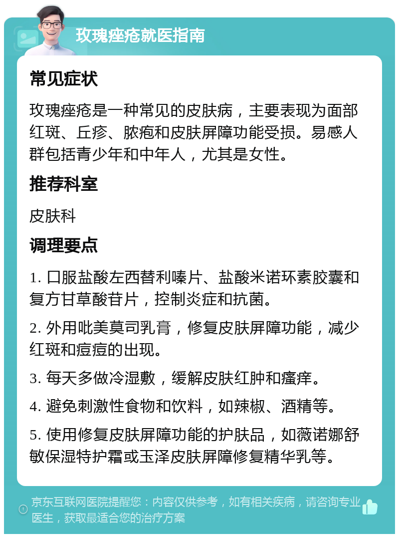 玫瑰痤疮就医指南 常见症状 玫瑰痤疮是一种常见的皮肤病，主要表现为面部红斑、丘疹、脓疱和皮肤屏障功能受损。易感人群包括青少年和中年人，尤其是女性。 推荐科室 皮肤科 调理要点 1. 口服盐酸左西替利嗪片、盐酸米诺环素胶囊和复方甘草酸苷片，控制炎症和抗菌。 2. 外用吡美莫司乳膏，修复皮肤屏障功能，减少红斑和痘痘的出现。 3. 每天多做冷湿敷，缓解皮肤红肿和瘙痒。 4. 避免刺激性食物和饮料，如辣椒、酒精等。 5. 使用修复皮肤屏障功能的护肤品，如薇诺娜舒敏保湿特护霜或玉泽皮肤屏障修复精华乳等。