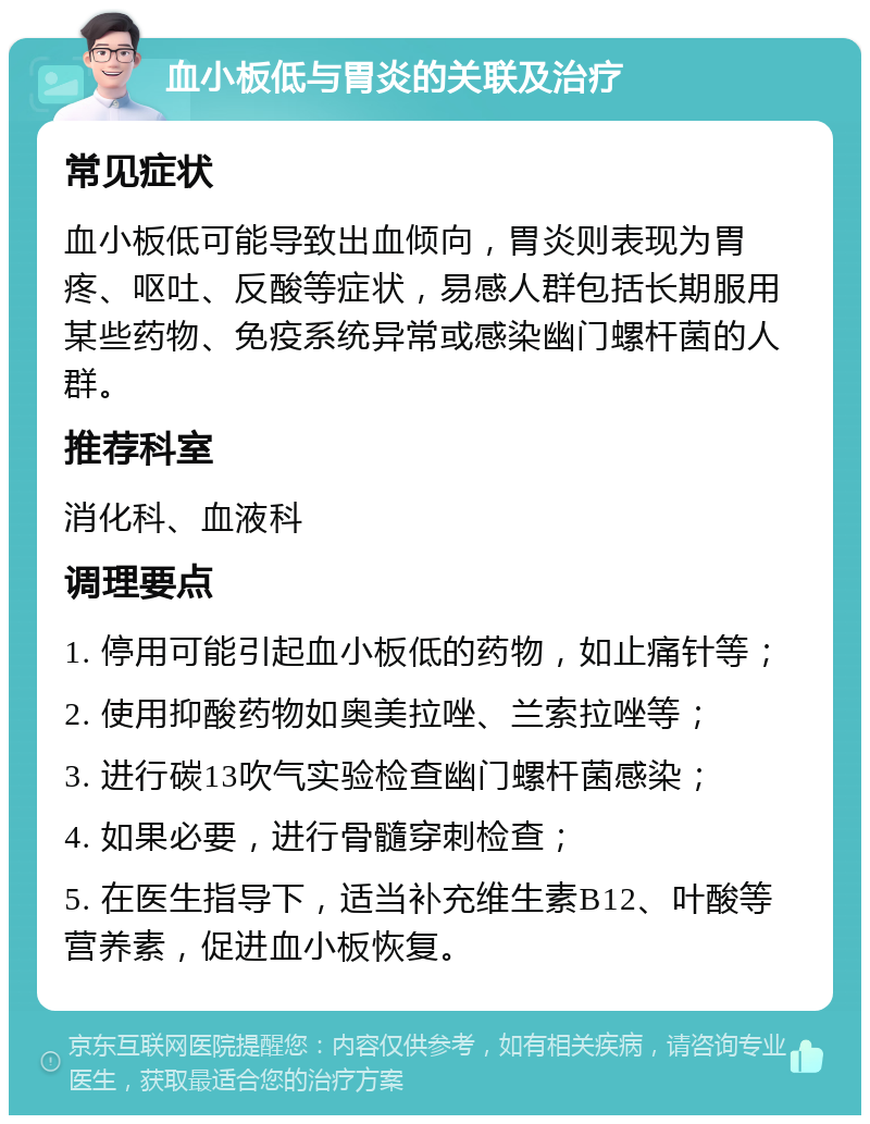 血小板低与胃炎的关联及治疗 常见症状 血小板低可能导致出血倾向，胃炎则表现为胃疼、呕吐、反酸等症状，易感人群包括长期服用某些药物、免疫系统异常或感染幽门螺杆菌的人群。 推荐科室 消化科、血液科 调理要点 1. 停用可能引起血小板低的药物，如止痛针等； 2. 使用抑酸药物如奥美拉唑、兰索拉唑等； 3. 进行碳13吹气实验检查幽门螺杆菌感染； 4. 如果必要，进行骨髓穿刺检查； 5. 在医生指导下，适当补充维生素B12、叶酸等营养素，促进血小板恢复。