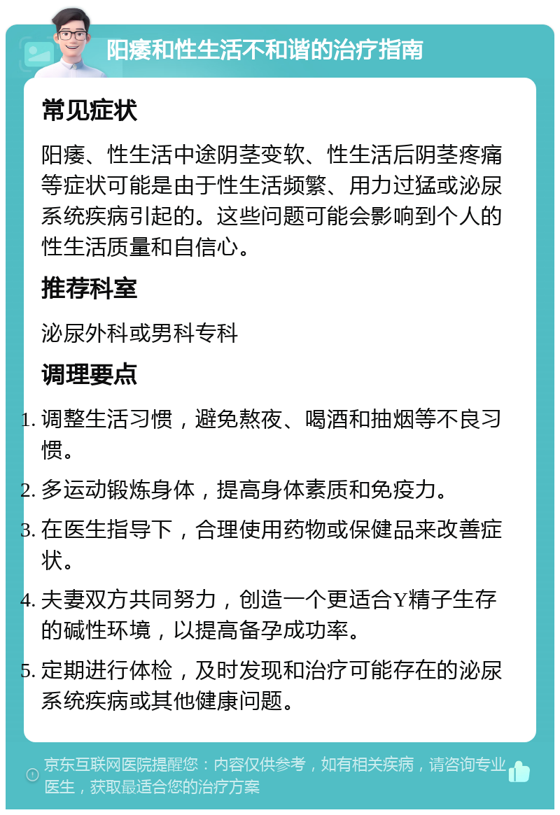 阳痿和性生活不和谐的治疗指南 常见症状 阳痿、性生活中途阴茎变软、性生活后阴茎疼痛等症状可能是由于性生活频繁、用力过猛或泌尿系统疾病引起的。这些问题可能会影响到个人的性生活质量和自信心。 推荐科室 泌尿外科或男科专科 调理要点 调整生活习惯，避免熬夜、喝酒和抽烟等不良习惯。 多运动锻炼身体，提高身体素质和免疫力。 在医生指导下，合理使用药物或保健品来改善症状。 夫妻双方共同努力，创造一个更适合Y精子生存的碱性环境，以提高备孕成功率。 定期进行体检，及时发现和治疗可能存在的泌尿系统疾病或其他健康问题。