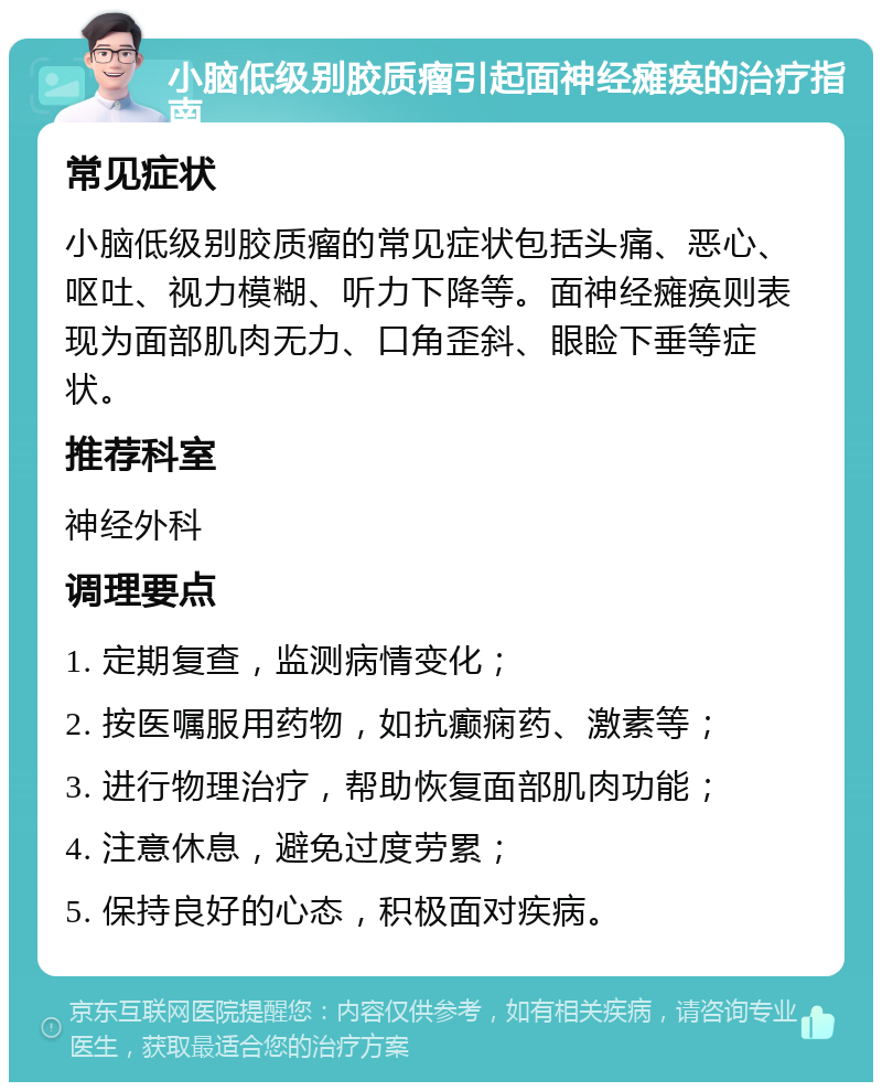 小脑低级别胶质瘤引起面神经瘫痪的治疗指南 常见症状 小脑低级别胶质瘤的常见症状包括头痛、恶心、呕吐、视力模糊、听力下降等。面神经瘫痪则表现为面部肌肉无力、口角歪斜、眼睑下垂等症状。 推荐科室 神经外科 调理要点 1. 定期复查，监测病情变化； 2. 按医嘱服用药物，如抗癫痫药、激素等； 3. 进行物理治疗，帮助恢复面部肌肉功能； 4. 注意休息，避免过度劳累； 5. 保持良好的心态，积极面对疾病。