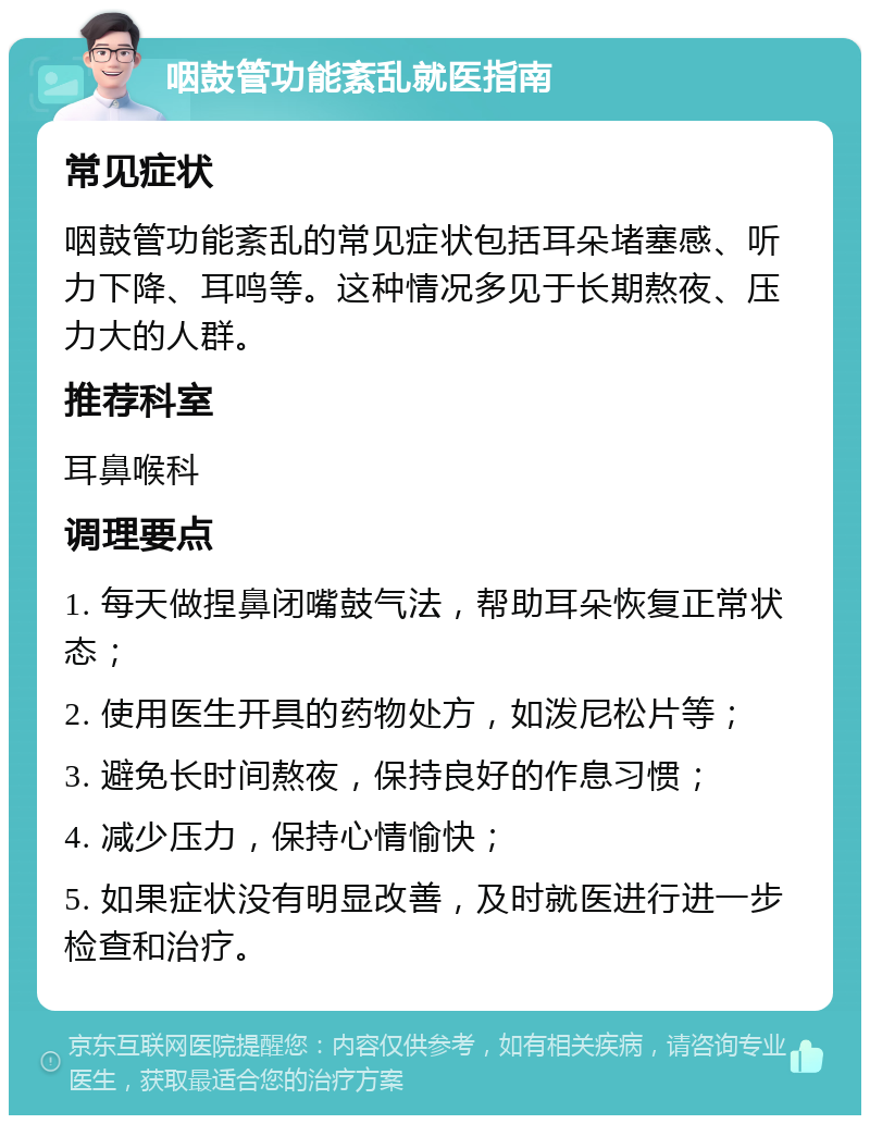 咽鼓管功能紊乱就医指南 常见症状 咽鼓管功能紊乱的常见症状包括耳朵堵塞感、听力下降、耳鸣等。这种情况多见于长期熬夜、压力大的人群。 推荐科室 耳鼻喉科 调理要点 1. 每天做捏鼻闭嘴鼓气法，帮助耳朵恢复正常状态； 2. 使用医生开具的药物处方，如泼尼松片等； 3. 避免长时间熬夜，保持良好的作息习惯； 4. 减少压力，保持心情愉快； 5. 如果症状没有明显改善，及时就医进行进一步检查和治疗。