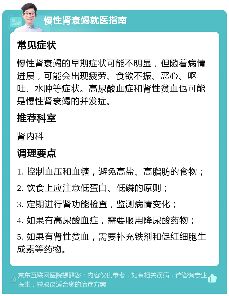 慢性肾衰竭就医指南 常见症状 慢性肾衰竭的早期症状可能不明显，但随着病情进展，可能会出现疲劳、食欲不振、恶心、呕吐、水肿等症状。高尿酸血症和肾性贫血也可能是慢性肾衰竭的并发症。 推荐科室 肾内科 调理要点 1. 控制血压和血糖，避免高盐、高脂肪的食物； 2. 饮食上应注意低蛋白、低磷的原则； 3. 定期进行肾功能检查，监测病情变化； 4. 如果有高尿酸血症，需要服用降尿酸药物； 5. 如果有肾性贫血，需要补充铁剂和促红细胞生成素等药物。