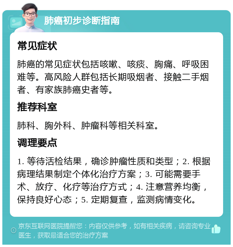 肺癌初步诊断指南 常见症状 肺癌的常见症状包括咳嗽、咳痰、胸痛、呼吸困难等。高风险人群包括长期吸烟者、接触二手烟者、有家族肺癌史者等。 推荐科室 肺科、胸外科、肿瘤科等相关科室。 调理要点 1. 等待活检结果，确诊肿瘤性质和类型；2. 根据病理结果制定个体化治疗方案；3. 可能需要手术、放疗、化疗等治疗方式；4. 注意营养均衡，保持良好心态；5. 定期复查，监测病情变化。