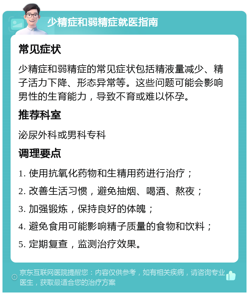 少精症和弱精症就医指南 常见症状 少精症和弱精症的常见症状包括精液量减少、精子活力下降、形态异常等。这些问题可能会影响男性的生育能力，导致不育或难以怀孕。 推荐科室 泌尿外科或男科专科 调理要点 1. 使用抗氧化药物和生精用药进行治疗； 2. 改善生活习惯，避免抽烟、喝酒、熬夜； 3. 加强锻炼，保持良好的体魄； 4. 避免食用可能影响精子质量的食物和饮料； 5. 定期复查，监测治疗效果。