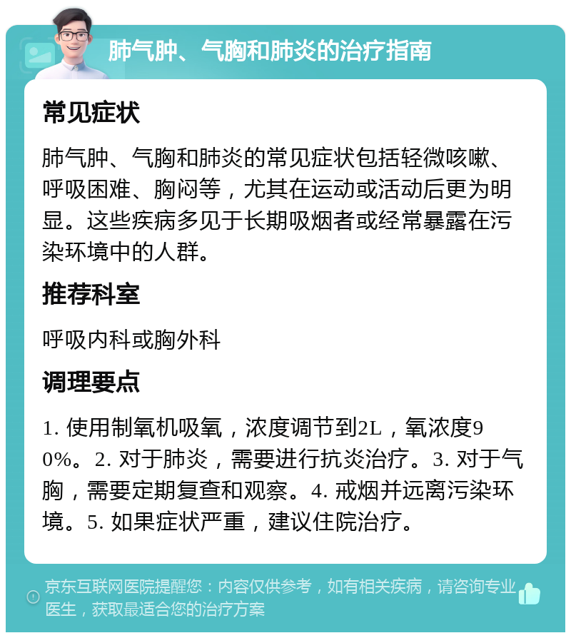 肺气肿、气胸和肺炎的治疗指南 常见症状 肺气肿、气胸和肺炎的常见症状包括轻微咳嗽、呼吸困难、胸闷等，尤其在运动或活动后更为明显。这些疾病多见于长期吸烟者或经常暴露在污染环境中的人群。 推荐科室 呼吸内科或胸外科 调理要点 1. 使用制氧机吸氧，浓度调节到2L，氧浓度90%。2. 对于肺炎，需要进行抗炎治疗。3. 对于气胸，需要定期复查和观察。4. 戒烟并远离污染环境。5. 如果症状严重，建议住院治疗。