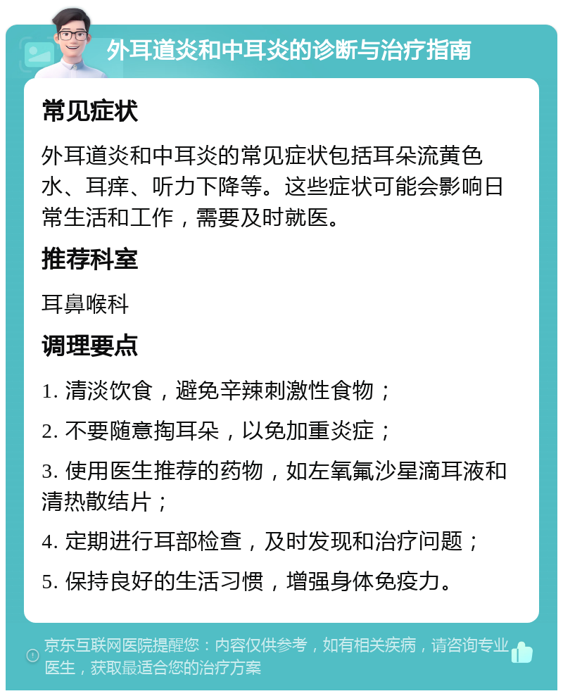 外耳道炎和中耳炎的诊断与治疗指南 常见症状 外耳道炎和中耳炎的常见症状包括耳朵流黄色水、耳痒、听力下降等。这些症状可能会影响日常生活和工作，需要及时就医。 推荐科室 耳鼻喉科 调理要点 1. 清淡饮食，避免辛辣刺激性食物； 2. 不要随意掏耳朵，以免加重炎症； 3. 使用医生推荐的药物，如左氧氟沙星滴耳液和清热散结片； 4. 定期进行耳部检查，及时发现和治疗问题； 5. 保持良好的生活习惯，增强身体免疫力。