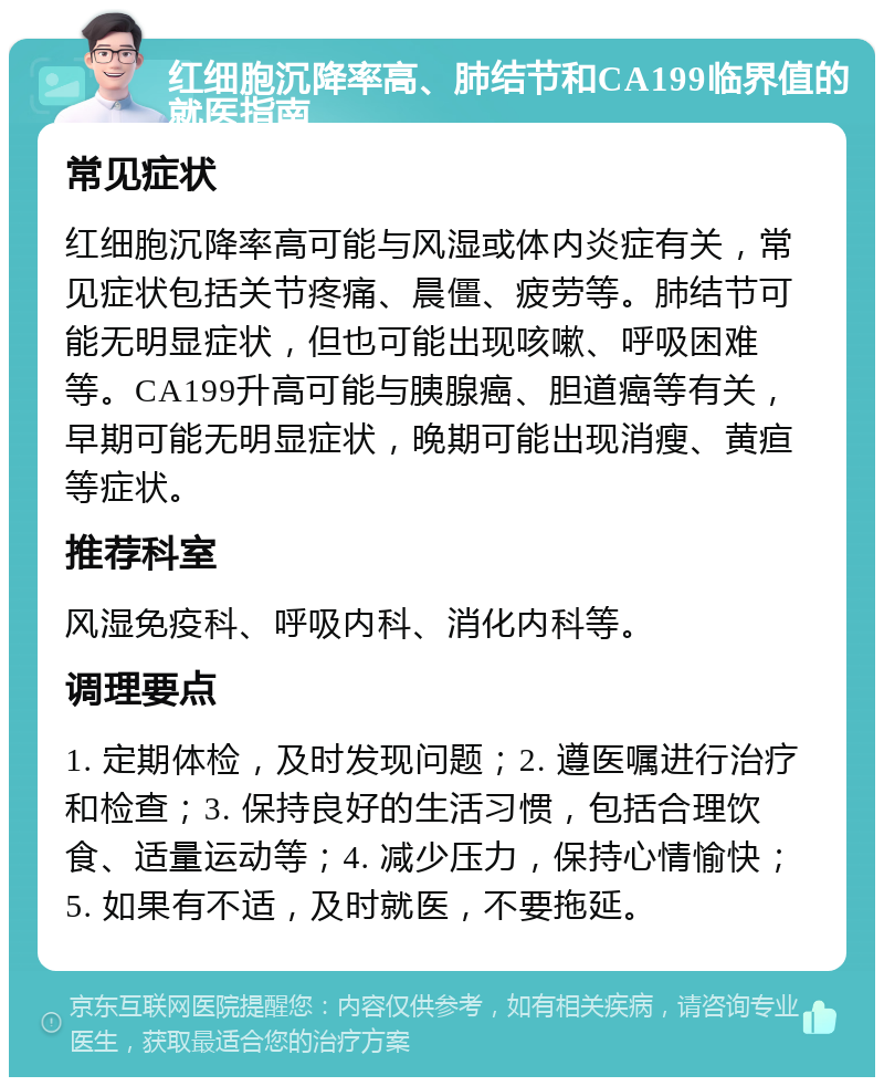 红细胞沉降率高、肺结节和CA199临界值的就医指南 常见症状 红细胞沉降率高可能与风湿或体内炎症有关，常见症状包括关节疼痛、晨僵、疲劳等。肺结节可能无明显症状，但也可能出现咳嗽、呼吸困难等。CA199升高可能与胰腺癌、胆道癌等有关，早期可能无明显症状，晚期可能出现消瘦、黄疸等症状。 推荐科室 风湿免疫科、呼吸内科、消化内科等。 调理要点 1. 定期体检，及时发现问题；2. 遵医嘱进行治疗和检查；3. 保持良好的生活习惯，包括合理饮食、适量运动等；4. 减少压力，保持心情愉快；5. 如果有不适，及时就医，不要拖延。