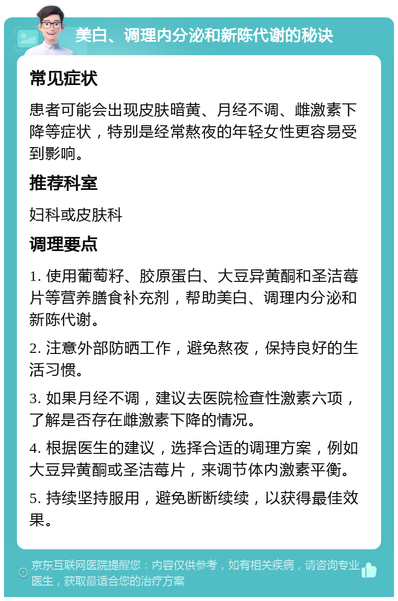 美白、调理内分泌和新陈代谢的秘诀 常见症状 患者可能会出现皮肤暗黄、月经不调、雌激素下降等症状，特别是经常熬夜的年轻女性更容易受到影响。 推荐科室 妇科或皮肤科 调理要点 1. 使用葡萄籽、胶原蛋白、大豆异黄酮和圣洁莓片等营养膳食补充剂，帮助美白、调理内分泌和新陈代谢。 2. 注意外部防晒工作，避免熬夜，保持良好的生活习惯。 3. 如果月经不调，建议去医院检查性激素六项，了解是否存在雌激素下降的情况。 4. 根据医生的建议，选择合适的调理方案，例如大豆异黄酮或圣洁莓片，来调节体内激素平衡。 5. 持续坚持服用，避免断断续续，以获得最佳效果。