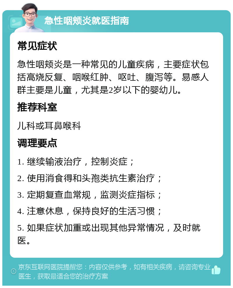 急性咽颊炎就医指南 常见症状 急性咽颊炎是一种常见的儿童疾病，主要症状包括高烧反复、咽喉红肿、呕吐、腹泻等。易感人群主要是儿童，尤其是2岁以下的婴幼儿。 推荐科室 儿科或耳鼻喉科 调理要点 1. 继续输液治疗，控制炎症； 2. 使用消食得和头孢类抗生素治疗； 3. 定期复查血常规，监测炎症指标； 4. 注意休息，保持良好的生活习惯； 5. 如果症状加重或出现其他异常情况，及时就医。