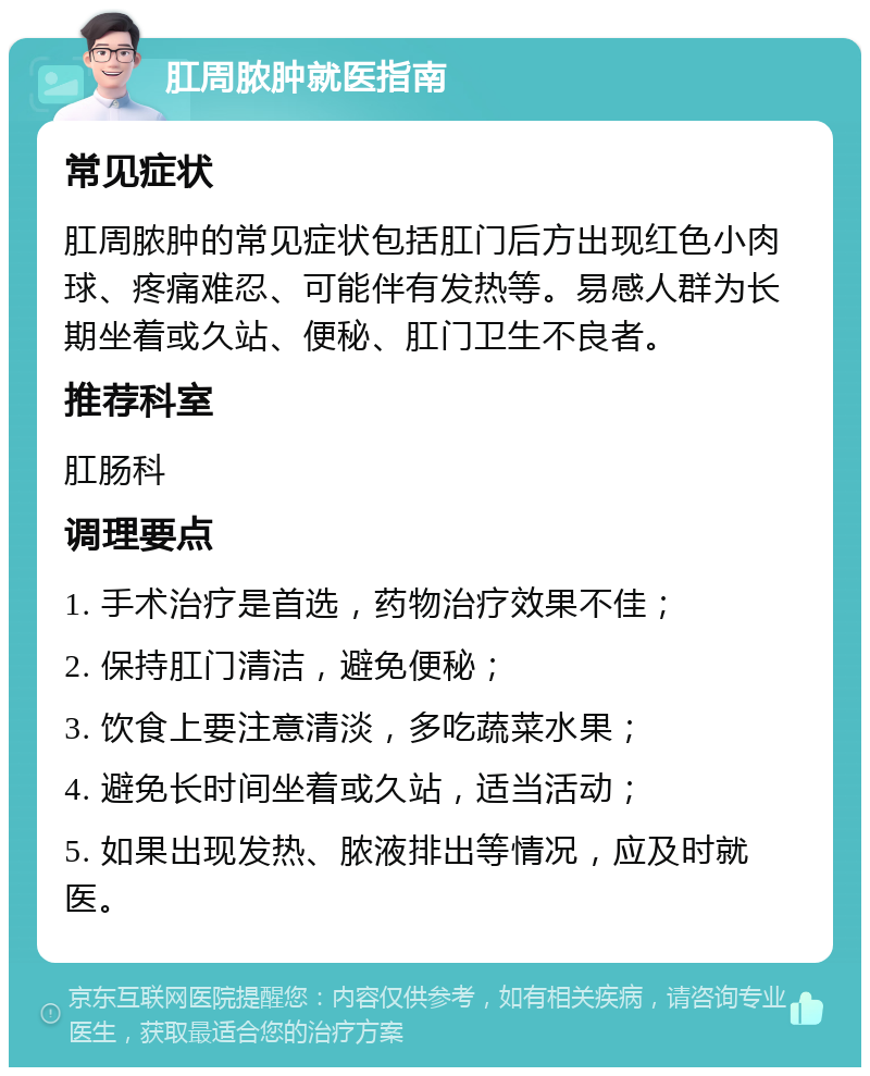 肛周脓肿就医指南 常见症状 肛周脓肿的常见症状包括肛门后方出现红色小肉球、疼痛难忍、可能伴有发热等。易感人群为长期坐着或久站、便秘、肛门卫生不良者。 推荐科室 肛肠科 调理要点 1. 手术治疗是首选，药物治疗效果不佳； 2. 保持肛门清洁，避免便秘； 3. 饮食上要注意清淡，多吃蔬菜水果； 4. 避免长时间坐着或久站，适当活动； 5. 如果出现发热、脓液排出等情况，应及时就医。