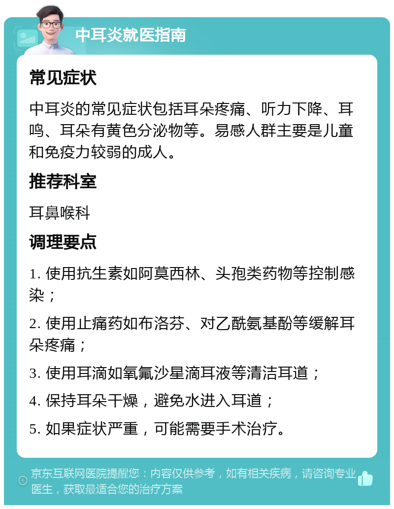 中耳炎就医指南 常见症状 中耳炎的常见症状包括耳朵疼痛、听力下降、耳鸣、耳朵有黄色分泌物等。易感人群主要是儿童和免疫力较弱的成人。 推荐科室 耳鼻喉科 调理要点 1. 使用抗生素如阿莫西林、头孢类药物等控制感染； 2. 使用止痛药如布洛芬、对乙酰氨基酚等缓解耳朵疼痛； 3. 使用耳滴如氧氟沙星滴耳液等清洁耳道； 4. 保持耳朵干燥，避免水进入耳道； 5. 如果症状严重，可能需要手术治疗。