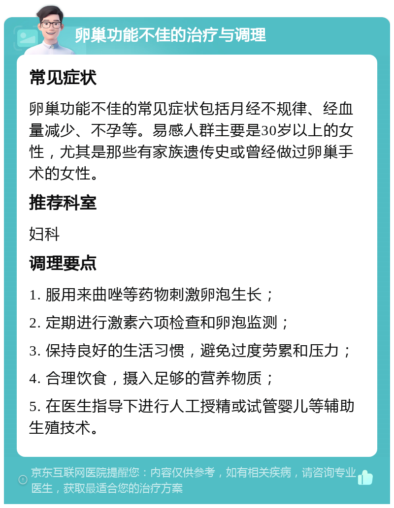 卵巢功能不佳的治疗与调理 常见症状 卵巢功能不佳的常见症状包括月经不规律、经血量减少、不孕等。易感人群主要是30岁以上的女性，尤其是那些有家族遗传史或曾经做过卵巢手术的女性。 推荐科室 妇科 调理要点 1. 服用来曲唑等药物刺激卵泡生长； 2. 定期进行激素六项检查和卵泡监测； 3. 保持良好的生活习惯，避免过度劳累和压力； 4. 合理饮食，摄入足够的营养物质； 5. 在医生指导下进行人工授精或试管婴儿等辅助生殖技术。