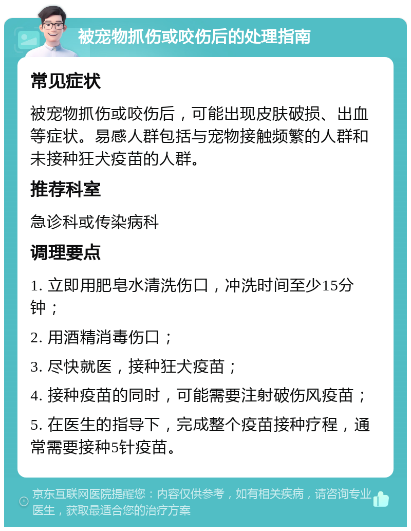 被宠物抓伤或咬伤后的处理指南 常见症状 被宠物抓伤或咬伤后，可能出现皮肤破损、出血等症状。易感人群包括与宠物接触频繁的人群和未接种狂犬疫苗的人群。 推荐科室 急诊科或传染病科 调理要点 1. 立即用肥皂水清洗伤口，冲洗时间至少15分钟； 2. 用酒精消毒伤口； 3. 尽快就医，接种狂犬疫苗； 4. 接种疫苗的同时，可能需要注射破伤风疫苗； 5. 在医生的指导下，完成整个疫苗接种疗程，通常需要接种5针疫苗。