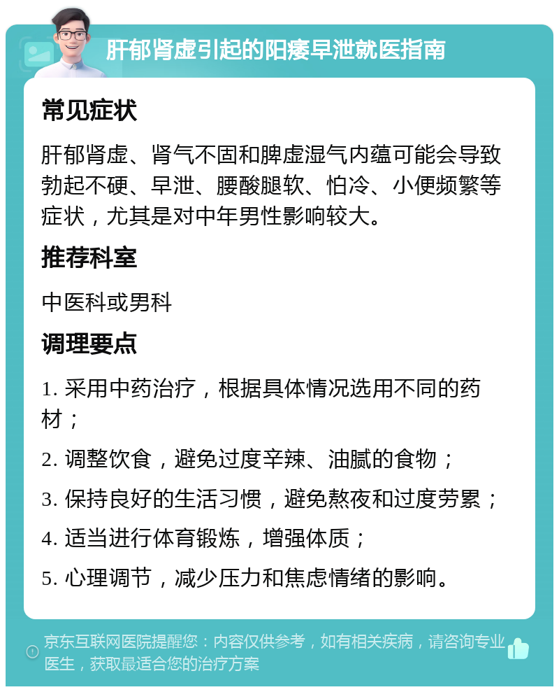 肝郁肾虚引起的阳痿早泄就医指南 常见症状 肝郁肾虚、肾气不固和脾虚湿气内蕴可能会导致勃起不硬、早泄、腰酸腿软、怕冷、小便频繁等症状，尤其是对中年男性影响较大。 推荐科室 中医科或男科 调理要点 1. 采用中药治疗，根据具体情况选用不同的药材； 2. 调整饮食，避免过度辛辣、油腻的食物； 3. 保持良好的生活习惯，避免熬夜和过度劳累； 4. 适当进行体育锻炼，增强体质； 5. 心理调节，减少压力和焦虑情绪的影响。