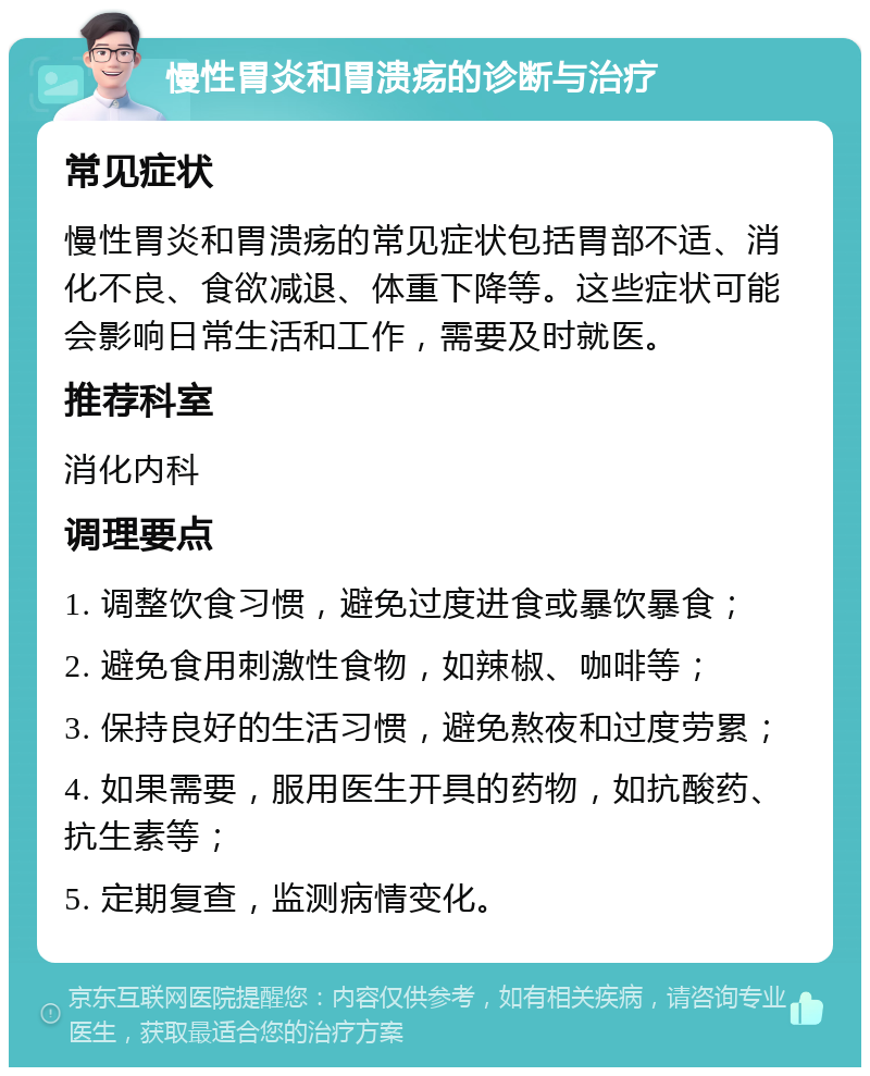 慢性胃炎和胃溃疡的诊断与治疗 常见症状 慢性胃炎和胃溃疡的常见症状包括胃部不适、消化不良、食欲减退、体重下降等。这些症状可能会影响日常生活和工作，需要及时就医。 推荐科室 消化内科 调理要点 1. 调整饮食习惯，避免过度进食或暴饮暴食； 2. 避免食用刺激性食物，如辣椒、咖啡等； 3. 保持良好的生活习惯，避免熬夜和过度劳累； 4. 如果需要，服用医生开具的药物，如抗酸药、抗生素等； 5. 定期复查，监测病情变化。