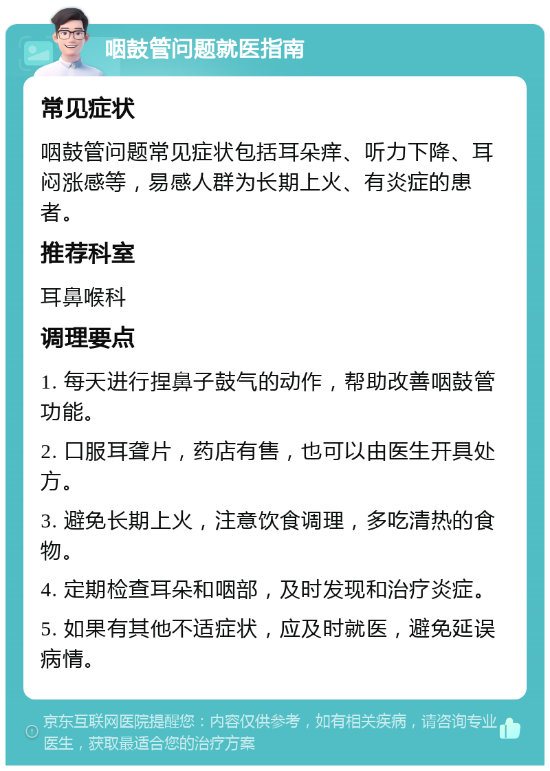 咽鼓管问题就医指南 常见症状 咽鼓管问题常见症状包括耳朵痒、听力下降、耳闷涨感等，易感人群为长期上火、有炎症的患者。 推荐科室 耳鼻喉科 调理要点 1. 每天进行捏鼻子鼓气的动作，帮助改善咽鼓管功能。 2. 口服耳聋片，药店有售，也可以由医生开具处方。 3. 避免长期上火，注意饮食调理，多吃清热的食物。 4. 定期检查耳朵和咽部，及时发现和治疗炎症。 5. 如果有其他不适症状，应及时就医，避免延误病情。