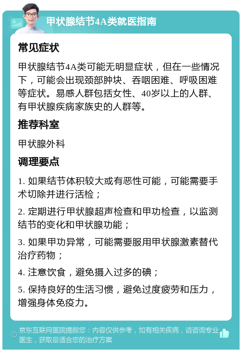 甲状腺结节4A类就医指南 常见症状 甲状腺结节4A类可能无明显症状，但在一些情况下，可能会出现颈部肿块、吞咽困难、呼吸困难等症状。易感人群包括女性、40岁以上的人群、有甲状腺疾病家族史的人群等。 推荐科室 甲状腺外科 调理要点 1. 如果结节体积较大或有恶性可能，可能需要手术切除并进行活检； 2. 定期进行甲状腺超声检查和甲功检查，以监测结节的变化和甲状腺功能； 3. 如果甲功异常，可能需要服用甲状腺激素替代治疗药物； 4. 注意饮食，避免摄入过多的碘； 5. 保持良好的生活习惯，避免过度疲劳和压力，增强身体免疫力。