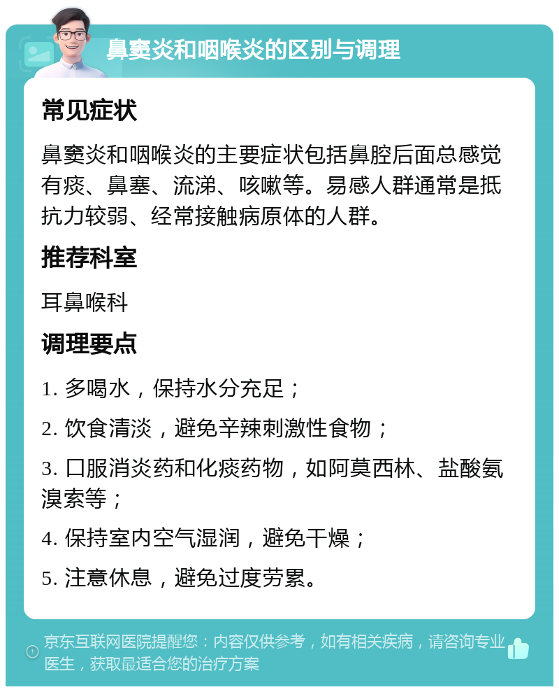 鼻窦炎和咽喉炎的区别与调理 常见症状 鼻窦炎和咽喉炎的主要症状包括鼻腔后面总感觉有痰、鼻塞、流涕、咳嗽等。易感人群通常是抵抗力较弱、经常接触病原体的人群。 推荐科室 耳鼻喉科 调理要点 1. 多喝水，保持水分充足； 2. 饮食清淡，避免辛辣刺激性食物； 3. 口服消炎药和化痰药物，如阿莫西林、盐酸氨溴索等； 4. 保持室内空气湿润，避免干燥； 5. 注意休息，避免过度劳累。