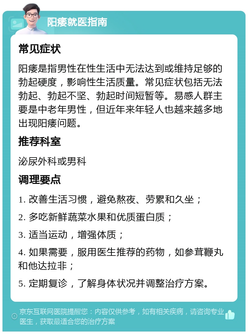 阳痿就医指南 常见症状 阳痿是指男性在性生活中无法达到或维持足够的勃起硬度，影响性生活质量。常见症状包括无法勃起、勃起不坚、勃起时间短暂等。易感人群主要是中老年男性，但近年来年轻人也越来越多地出现阳痿问题。 推荐科室 泌尿外科或男科 调理要点 1. 改善生活习惯，避免熬夜、劳累和久坐； 2. 多吃新鲜蔬菜水果和优质蛋白质； 3. 适当运动，增强体质； 4. 如果需要，服用医生推荐的药物，如参茸鞭丸和他达拉非； 5. 定期复诊，了解身体状况并调整治疗方案。