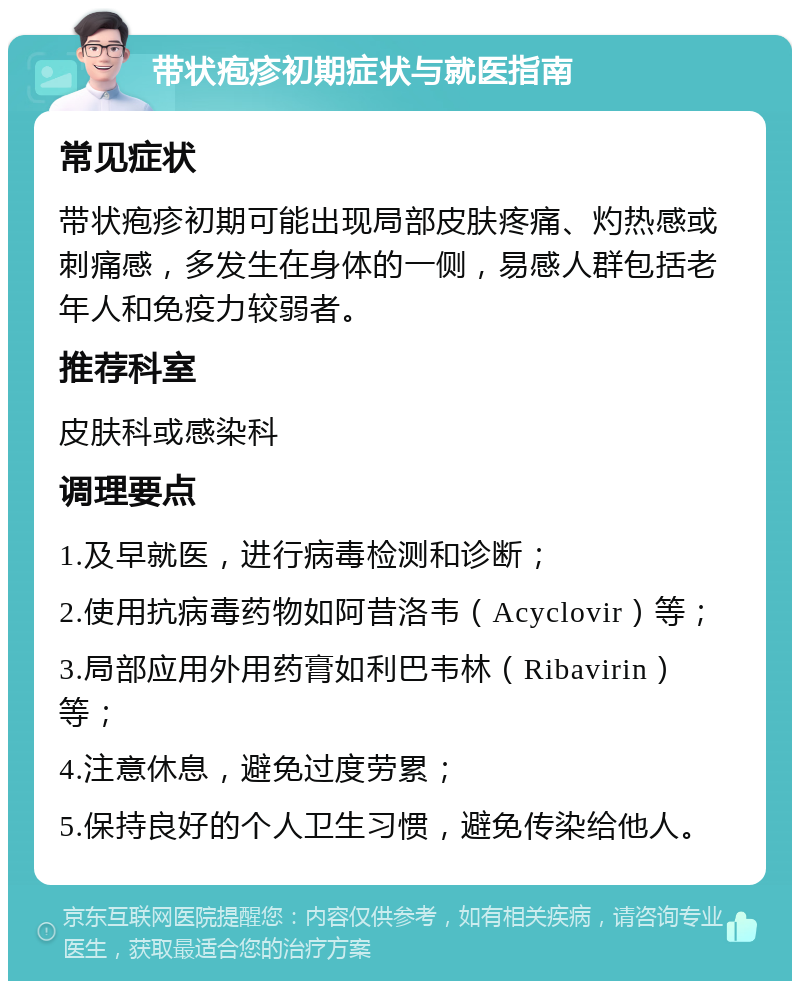 带状疱疹初期症状与就医指南 常见症状 带状疱疹初期可能出现局部皮肤疼痛、灼热感或刺痛感，多发生在身体的一侧，易感人群包括老年人和免疫力较弱者。 推荐科室 皮肤科或感染科 调理要点 1.及早就医，进行病毒检测和诊断； 2.使用抗病毒药物如阿昔洛韦（Acyclovir）等； 3.局部应用外用药膏如利巴韦林（Ribavirin）等； 4.注意休息，避免过度劳累； 5.保持良好的个人卫生习惯，避免传染给他人。