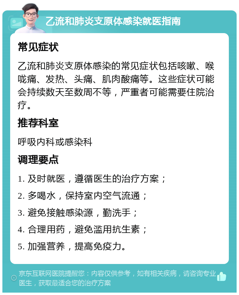 乙流和肺炎支原体感染就医指南 常见症状 乙流和肺炎支原体感染的常见症状包括咳嗽、喉咙痛、发热、头痛、肌肉酸痛等。这些症状可能会持续数天至数周不等，严重者可能需要住院治疗。 推荐科室 呼吸内科或感染科 调理要点 1. 及时就医，遵循医生的治疗方案； 2. 多喝水，保持室内空气流通； 3. 避免接触感染源，勤洗手； 4. 合理用药，避免滥用抗生素； 5. 加强营养，提高免疫力。