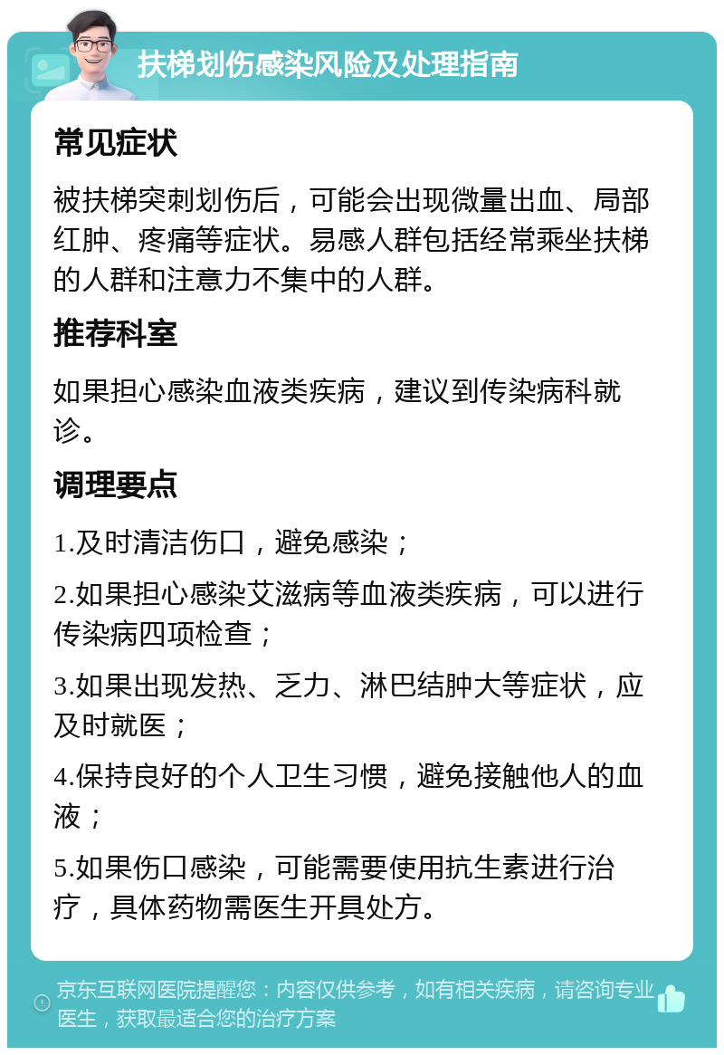 扶梯划伤感染风险及处理指南 常见症状 被扶梯突刺划伤后，可能会出现微量出血、局部红肿、疼痛等症状。易感人群包括经常乘坐扶梯的人群和注意力不集中的人群。 推荐科室 如果担心感染血液类疾病，建议到传染病科就诊。 调理要点 1.及时清洁伤口，避免感染； 2.如果担心感染艾滋病等血液类疾病，可以进行传染病四项检查； 3.如果出现发热、乏力、淋巴结肿大等症状，应及时就医； 4.保持良好的个人卫生习惯，避免接触他人的血液； 5.如果伤口感染，可能需要使用抗生素进行治疗，具体药物需医生开具处方。