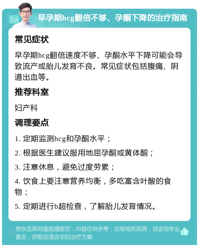 早孕期hcg翻倍不够、孕酮下降的治疗指南 常见症状 早孕期hcg翻倍速度不够、孕酮水平下降可能会导致流产或胎儿发育不良。常见症状包括腹痛、阴道出血等。 推荐科室 妇产科 调理要点 1. 定期监测hcg和孕酮水平； 2. 根据医生建议服用地屈孕酮或黄体酮； 3. 注意休息，避免过度劳累； 4. 饮食上要注意营养均衡，多吃富含叶酸的食物； 5. 定期进行b超检查，了解胎儿发育情况。