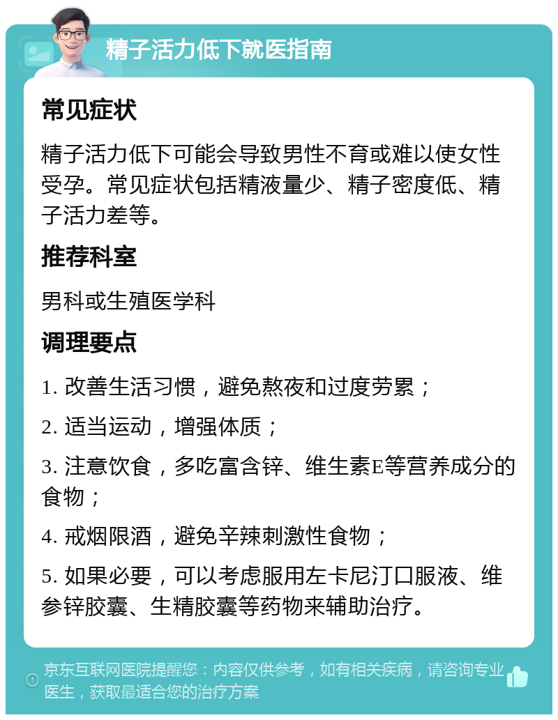 精子活力低下就医指南 常见症状 精子活力低下可能会导致男性不育或难以使女性受孕。常见症状包括精液量少、精子密度低、精子活力差等。 推荐科室 男科或生殖医学科 调理要点 1. 改善生活习惯，避免熬夜和过度劳累； 2. 适当运动，增强体质； 3. 注意饮食，多吃富含锌、维生素E等营养成分的食物； 4. 戒烟限酒，避免辛辣刺激性食物； 5. 如果必要，可以考虑服用左卡尼汀口服液、维参锌胶囊、生精胶囊等药物来辅助治疗。