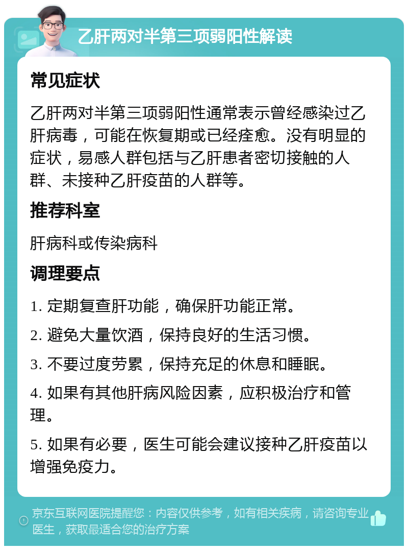 乙肝两对半第三项弱阳性解读 常见症状 乙肝两对半第三项弱阳性通常表示曾经感染过乙肝病毒，可能在恢复期或已经痊愈。没有明显的症状，易感人群包括与乙肝患者密切接触的人群、未接种乙肝疫苗的人群等。 推荐科室 肝病科或传染病科 调理要点 1. 定期复查肝功能，确保肝功能正常。 2. 避免大量饮酒，保持良好的生活习惯。 3. 不要过度劳累，保持充足的休息和睡眠。 4. 如果有其他肝病风险因素，应积极治疗和管理。 5. 如果有必要，医生可能会建议接种乙肝疫苗以增强免疫力。