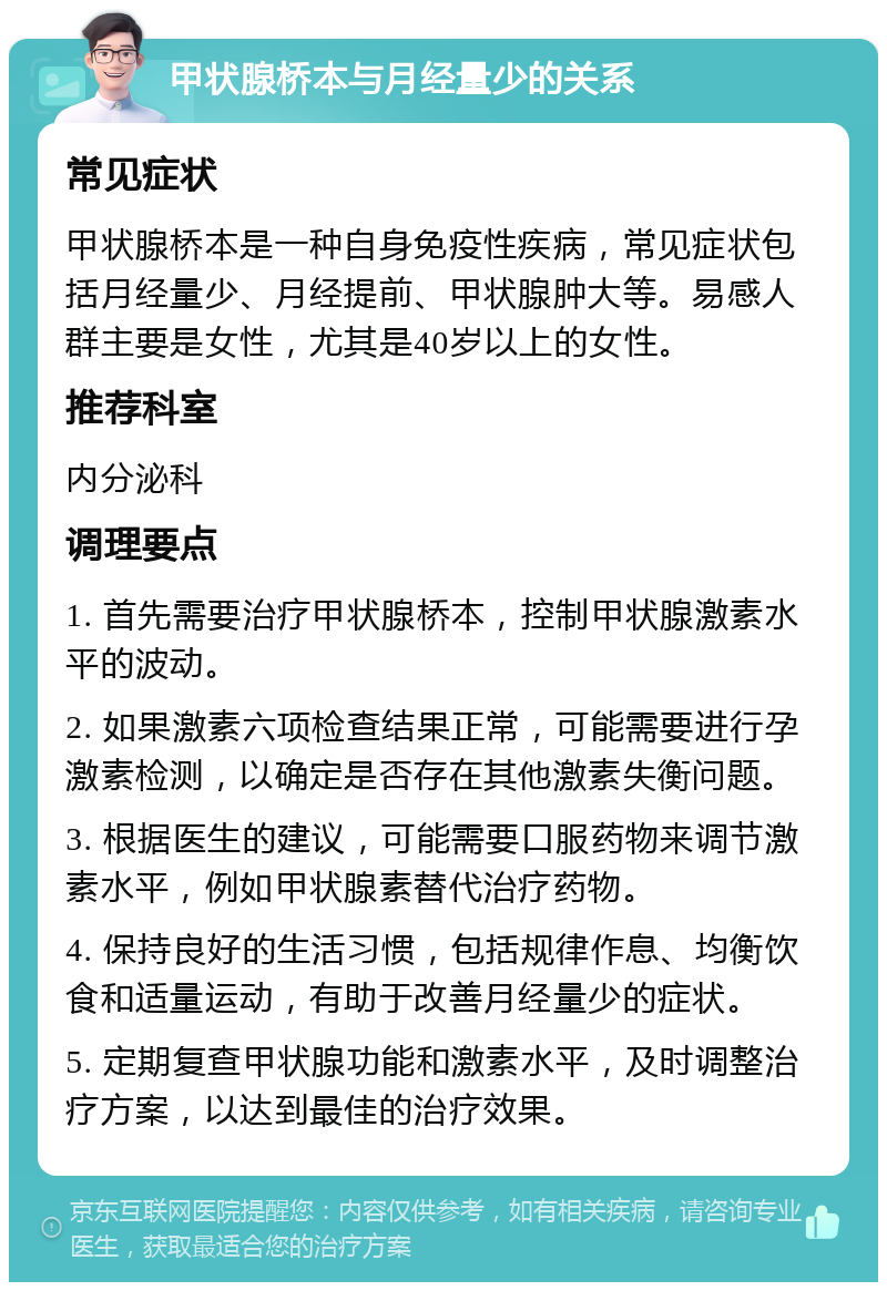 甲状腺桥本与月经量少的关系 常见症状 甲状腺桥本是一种自身免疫性疾病，常见症状包括月经量少、月经提前、甲状腺肿大等。易感人群主要是女性，尤其是40岁以上的女性。 推荐科室 内分泌科 调理要点 1. 首先需要治疗甲状腺桥本，控制甲状腺激素水平的波动。 2. 如果激素六项检查结果正常，可能需要进行孕激素检测，以确定是否存在其他激素失衡问题。 3. 根据医生的建议，可能需要口服药物来调节激素水平，例如甲状腺素替代治疗药物。 4. 保持良好的生活习惯，包括规律作息、均衡饮食和适量运动，有助于改善月经量少的症状。 5. 定期复查甲状腺功能和激素水平，及时调整治疗方案，以达到最佳的治疗效果。