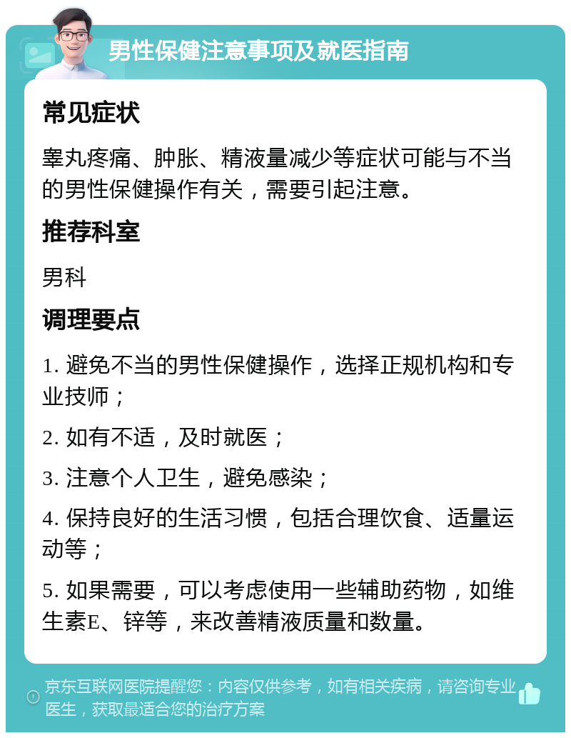 男性保健注意事项及就医指南 常见症状 睾丸疼痛、肿胀、精液量减少等症状可能与不当的男性保健操作有关，需要引起注意。 推荐科室 男科 调理要点 1. 避免不当的男性保健操作，选择正规机构和专业技师； 2. 如有不适，及时就医； 3. 注意个人卫生，避免感染； 4. 保持良好的生活习惯，包括合理饮食、适量运动等； 5. 如果需要，可以考虑使用一些辅助药物，如维生素E、锌等，来改善精液质量和数量。