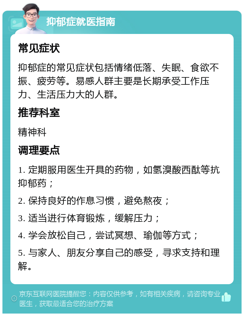 抑郁症就医指南 常见症状 抑郁症的常见症状包括情绪低落、失眠、食欲不振、疲劳等。易感人群主要是长期承受工作压力、生活压力大的人群。 推荐科室 精神科 调理要点 1. 定期服用医生开具的药物，如氢溴酸西酞等抗抑郁药； 2. 保持良好的作息习惯，避免熬夜； 3. 适当进行体育锻炼，缓解压力； 4. 学会放松自己，尝试冥想、瑜伽等方式； 5. 与家人、朋友分享自己的感受，寻求支持和理解。