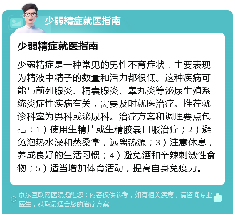 少弱精症就医指南 少弱精症就医指南 少弱精症是一种常见的男性不育症状，主要表现为精液中精子的数量和活力都很低。这种疾病可能与前列腺炎、精囊腺炎、睾丸炎等泌尿生殖系统炎症性疾病有关，需要及时就医治疗。推荐就诊科室为男科或泌尿科。治疗方案和调理要点包括：1）使用生精片或生精胶囊口服治疗；2）避免泡热水澡和蒸桑拿，远离热源；3）注意休息，养成良好的生活习惯；4）避免酒和辛辣刺激性食物；5）适当增加体育活动，提高自身免疫力。