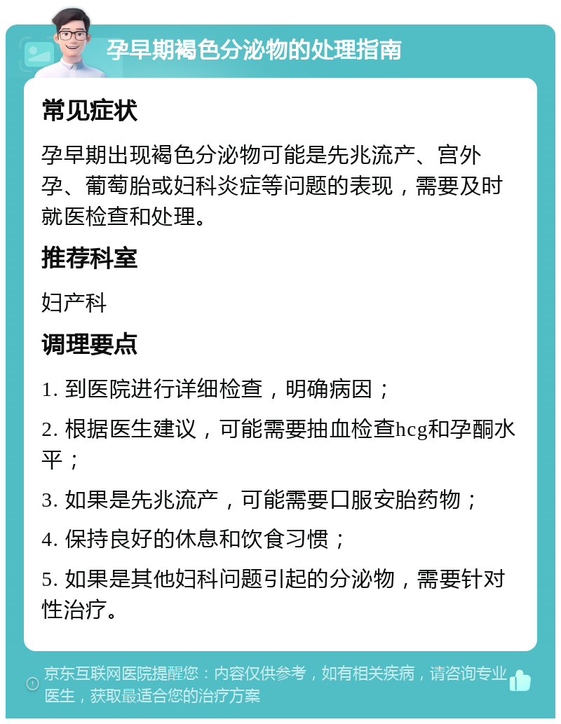 孕早期褐色分泌物的处理指南 常见症状 孕早期出现褐色分泌物可能是先兆流产、宫外孕、葡萄胎或妇科炎症等问题的表现，需要及时就医检查和处理。 推荐科室 妇产科 调理要点 1. 到医院进行详细检查，明确病因； 2. 根据医生建议，可能需要抽血检查hcg和孕酮水平； 3. 如果是先兆流产，可能需要口服安胎药物； 4. 保持良好的休息和饮食习惯； 5. 如果是其他妇科问题引起的分泌物，需要针对性治疗。