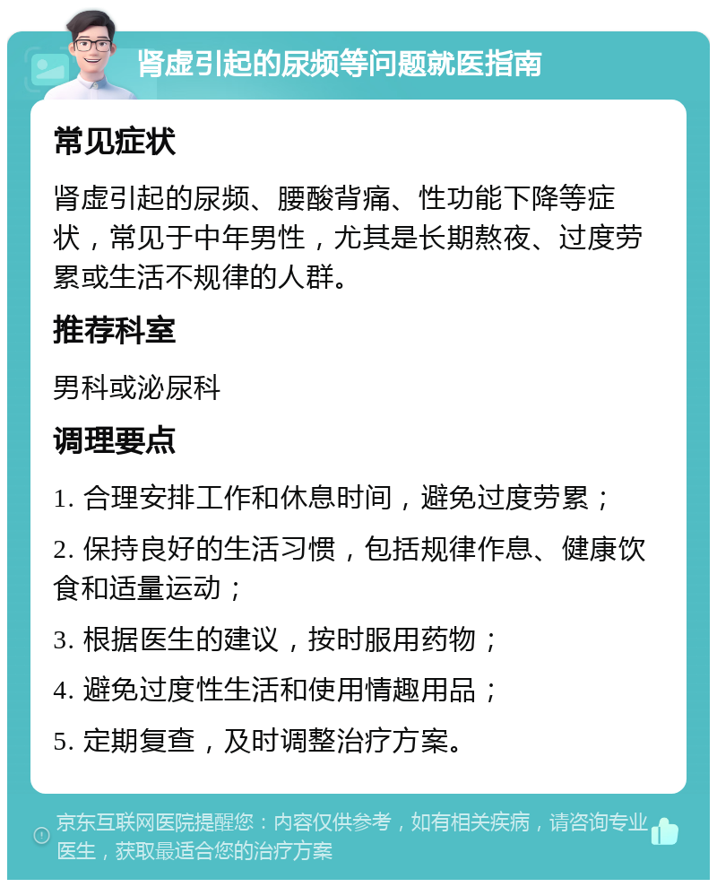 肾虚引起的尿频等问题就医指南 常见症状 肾虚引起的尿频、腰酸背痛、性功能下降等症状，常见于中年男性，尤其是长期熬夜、过度劳累或生活不规律的人群。 推荐科室 男科或泌尿科 调理要点 1. 合理安排工作和休息时间，避免过度劳累； 2. 保持良好的生活习惯，包括规律作息、健康饮食和适量运动； 3. 根据医生的建议，按时服用药物； 4. 避免过度性生活和使用情趣用品； 5. 定期复查，及时调整治疗方案。