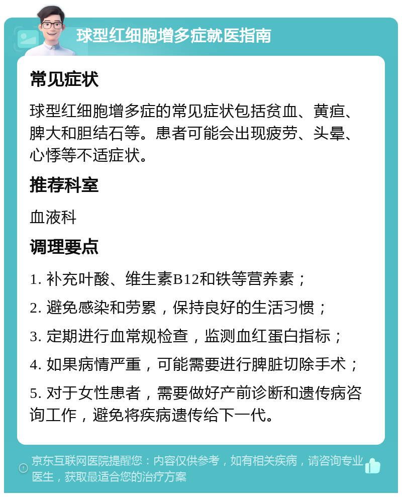 球型红细胞增多症就医指南 常见症状 球型红细胞增多症的常见症状包括贫血、黄疸、脾大和胆结石等。患者可能会出现疲劳、头晕、心悸等不适症状。 推荐科室 血液科 调理要点 1. 补充叶酸、维生素B12和铁等营养素； 2. 避免感染和劳累，保持良好的生活习惯； 3. 定期进行血常规检查，监测血红蛋白指标； 4. 如果病情严重，可能需要进行脾脏切除手术； 5. 对于女性患者，需要做好产前诊断和遗传病咨询工作，避免将疾病遗传给下一代。