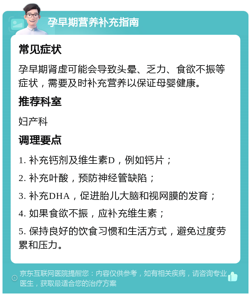 孕早期营养补充指南 常见症状 孕早期肾虚可能会导致头晕、乏力、食欲不振等症状，需要及时补充营养以保证母婴健康。 推荐科室 妇产科 调理要点 1. 补充钙剂及维生素D，例如钙片； 2. 补充叶酸，预防神经管缺陷； 3. 补充DHA，促进胎儿大脑和视网膜的发育； 4. 如果食欲不振，应补充维生素； 5. 保持良好的饮食习惯和生活方式，避免过度劳累和压力。