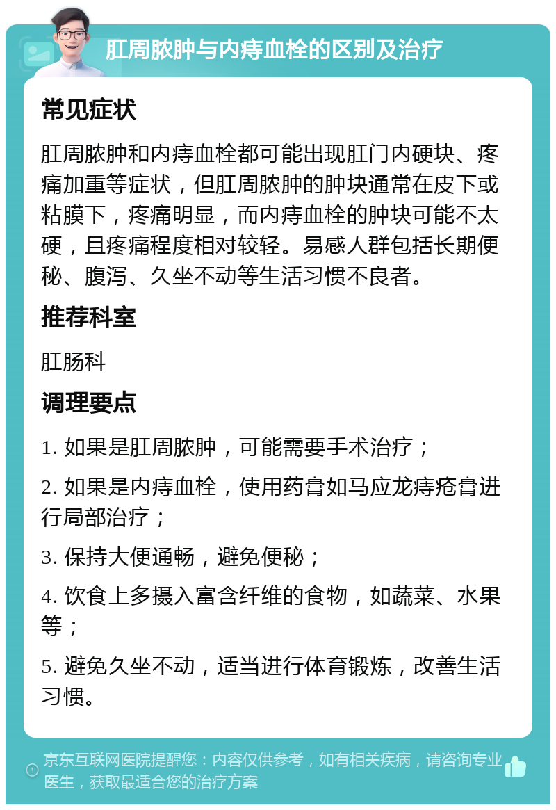 肛周脓肿与内痔血栓的区别及治疗 常见症状 肛周脓肿和内痔血栓都可能出现肛门内硬块、疼痛加重等症状，但肛周脓肿的肿块通常在皮下或粘膜下，疼痛明显，而内痔血栓的肿块可能不太硬，且疼痛程度相对较轻。易感人群包括长期便秘、腹泻、久坐不动等生活习惯不良者。 推荐科室 肛肠科 调理要点 1. 如果是肛周脓肿，可能需要手术治疗； 2. 如果是内痔血栓，使用药膏如马应龙痔疮膏进行局部治疗； 3. 保持大便通畅，避免便秘； 4. 饮食上多摄入富含纤维的食物，如蔬菜、水果等； 5. 避免久坐不动，适当进行体育锻炼，改善生活习惯。