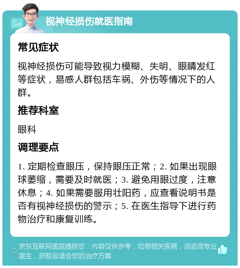 视神经损伤就医指南 常见症状 视神经损伤可能导致视力模糊、失明、眼睛发红等症状，易感人群包括车祸、外伤等情况下的人群。 推荐科室 眼科 调理要点 1. 定期检查眼压，保持眼压正常；2. 如果出现眼球萎缩，需要及时就医；3. 避免用眼过度，注意休息；4. 如果需要服用壮阳药，应查看说明书是否有视神经损伤的警示；5. 在医生指导下进行药物治疗和康复训练。