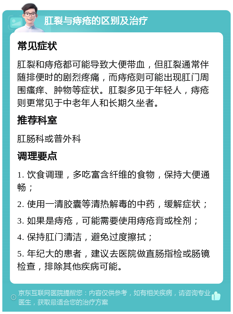 肛裂与痔疮的区别及治疗 常见症状 肛裂和痔疮都可能导致大便带血，但肛裂通常伴随排便时的剧烈疼痛，而痔疮则可能出现肛门周围瘙痒、肿物等症状。肛裂多见于年轻人，痔疮则更常见于中老年人和长期久坐者。 推荐科室 肛肠科或普外科 调理要点 1. 饮食调理，多吃富含纤维的食物，保持大便通畅； 2. 使用一清胶囊等清热解毒的中药，缓解症状； 3. 如果是痔疮，可能需要使用痔疮膏或栓剂； 4. 保持肛门清洁，避免过度擦拭； 5. 年纪大的患者，建议去医院做直肠指检或肠镜检查，排除其他疾病可能。